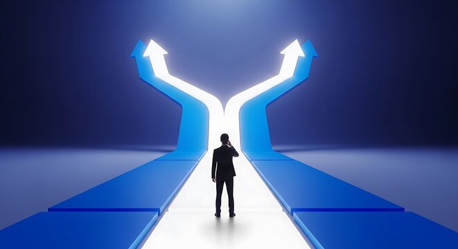 A man standing in front of a glowing blue forked path