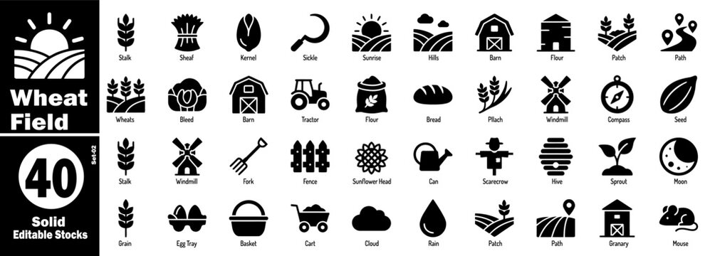 Solid icon collection for wheat field, harvest and farm elements vector illustration.