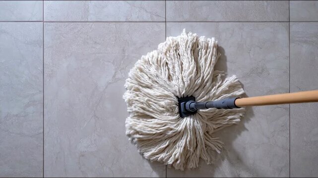 A mop cleaning a tiled floor, showcasing a close-up view of the mop head and surface details