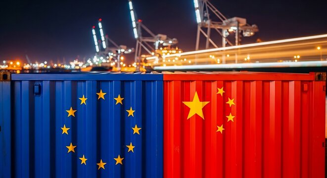 EU and China Flags on Cargo Containers at Night Industrial Port Terminal
