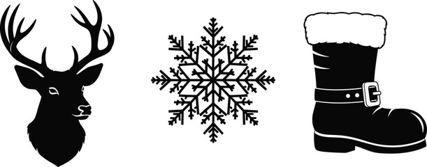 Christmas silhouette set with reindeer head, snowflake, and Santa boot isolated on white background for winter holiday and seasonal design © fulbabu