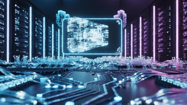 Futuristic data center scene with glowing neon cables and towering server columns