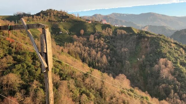 A view from an electricity pole in Turkey of the Kackar Mountains and nearby villages in the city of Rize.