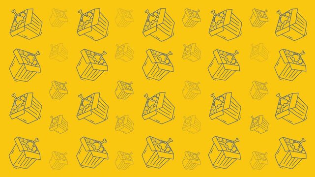 Food doodle background with takeout chicken boxes in a whimsical handdrawn style, perfect for restaurant menus or foodrelated designs.