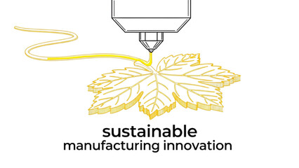 Black line art of 3D printer nozzle creating yellow leaf form, sustainable manufacturing innovation concept