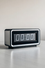 Digital alarm clock displaying zero time on a minimalist background
