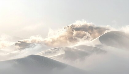 Naklejka premium Sandstorm Creating Abstract Patterns Over Large White Sand Dunes in Desert