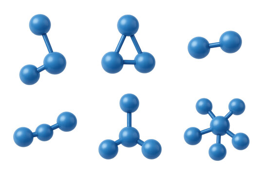 Blue 3D ball-and-stick molecular models showing various atom-and-bond arrangements on a transparent background