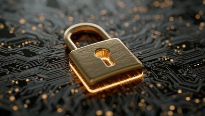 Golden padlock on circuit board background.