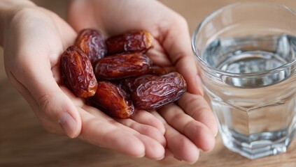 Hands Holding Dates and Glass of Water.