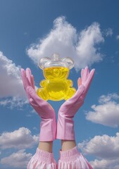Hands Holding Perfume Bottle Against Cloudy Sky.