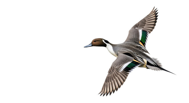 majestic male northern pintail duck (anas acuta) in full plumage, flying dynamically with spread wings against a seamless bright white studio background, copy space. concept of wildlife elegance in