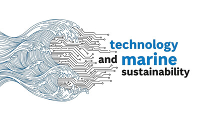 Black line art of ocean waves merging into black circuit board patterns, technology and marine sustainability concept