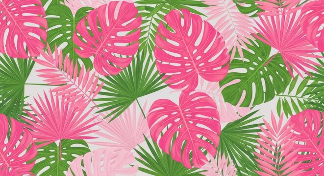 Vibrant tropical foliage pattern with large pink and green monstera and palm leaves for a bold, summery, exotic background.