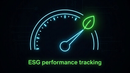 Black line art of digital dashboard gauge pointing toward leaf icon, ESG performance tracking concept