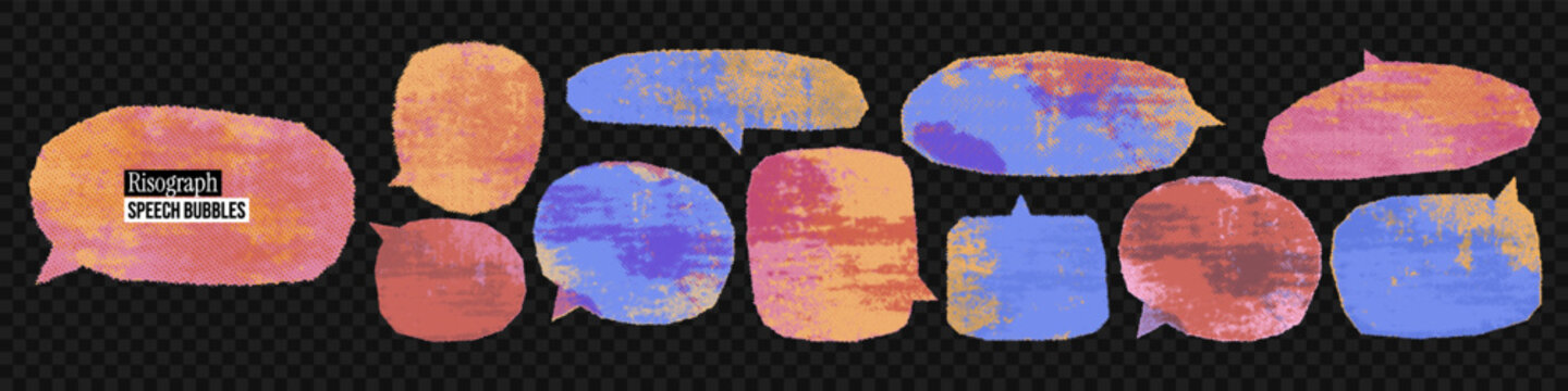 Risograph print speech bubbles overlay halftone texture. Colorful neon punk text box with dotted stencil effect in mixmedia style. Collage shapes with place for text for urban street design.