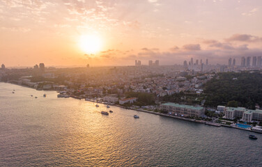 Fototapeta premium Aerial View of Bustling Istanbul City Cityscape.. Turkey. Drone. Sunset