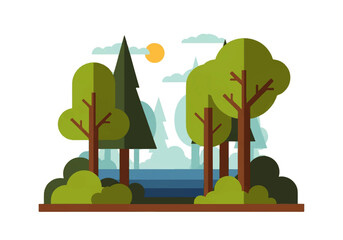 Fototapeta premium Flat illustration of a serene landscape with trees, a body of water, and a sunny sky against a clean white background for a background video.