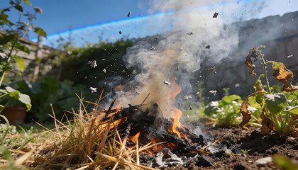 Obraz premium Ground-level shot of garden debris burning with flames, smoke, and flying embers under a clear blue sky, evoking a sense of powerful energy outdoors