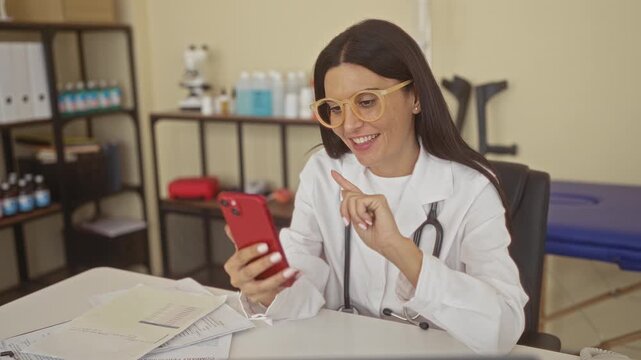 Doctor woman points finger at red smartphone on desk in medical building with stethoscope and papers visible; professionalism.