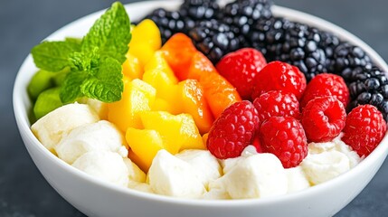 Colorful Fruit Salad with Yogurt in White Bowl