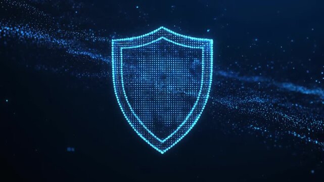 Digital shield icon protects data on dark background with particles