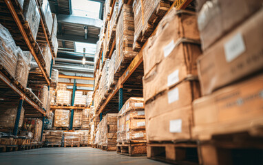 Obraz premium A spacious warehouse aisle filled with high shelves stacked with pallets of boxed goods under a bright skylight.