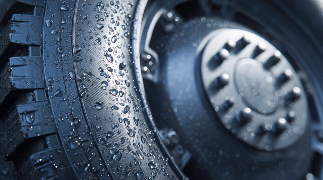 Wet dirty tire and rugged truck wheel covered with water droplets after rain showcasing texture and durability in an outdoor environment close-up shot