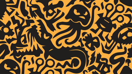 Mythological mer octopus creature doodle pattern on vibrant orange background © muhammad