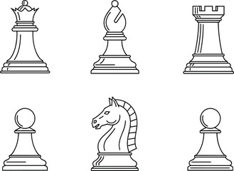 Set of chess piece line icons featuring queen, bishop, rook, knight, and pawn isolated on white background for strategy game design © fulbabu
