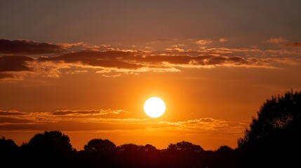 Obraz premium A breathtaking sunset paints the sky in vibrant hues of orange and red silhouetting trees against the radiant glow