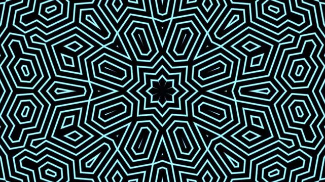 Neon cyan geometric kaleidoscope pattern on black background 4k