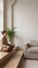 Obraz premium A person finds inner peace through meditation in a minimalist living space with a focus on well-being and mindfulness.