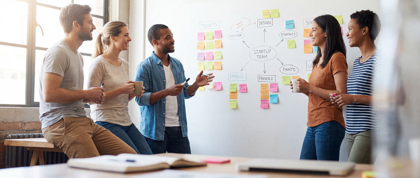 An energetic team gathers for a productive brainstorm session in a dynamic office, ideas flow freely in an environment of collaboration.