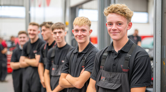 A group of young male apprentices in black work uniforms stand in a workshop, with one smiling confidently in the foreground.
