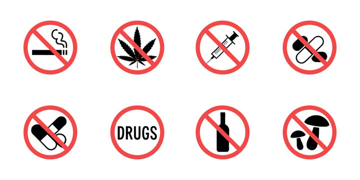 Say No to Drugs Prohibition Icon Set, Addiction and Substance Ban Vector Illustration
