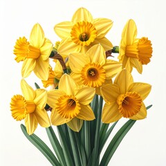 Bright Yellow Daffodil Flowers with Green Stems on White Background
