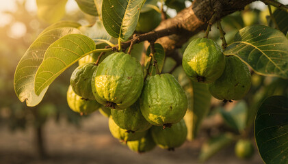 Obraz premium Vibrant green fruit clusters hang from a tree branch, bathed in warm sunlight, showcasing healthy growth and natural beauty in an orchard setting