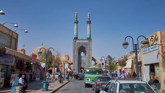 Timelapse walk along the Masjid Jame street in Yazd, Iran