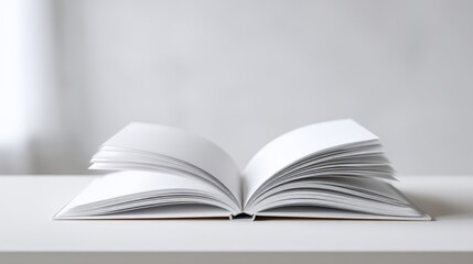 Obraz premium Open white blank book with empty pages on a clean table. Education, knowledge, story, and learning concept for school, university, or reading.