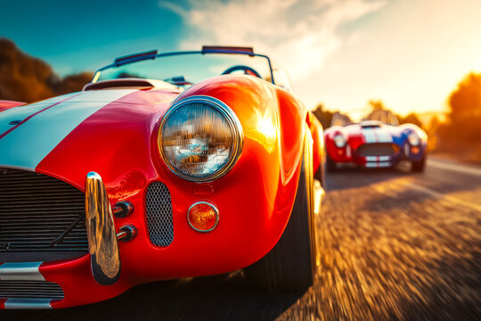 Vintage race car on an open road during sunset