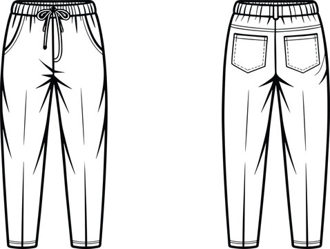 Women tapered jogger pants CAD drawing, flat vector technical illustration with front and back views isolated on white background