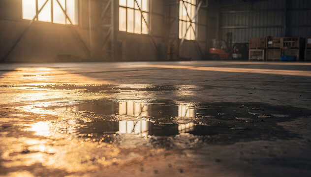 Sunlit warehouse interior with wet concrete floor and reflections, industrial setting with warm light, evocative and atmospheric, focus on texture and light
