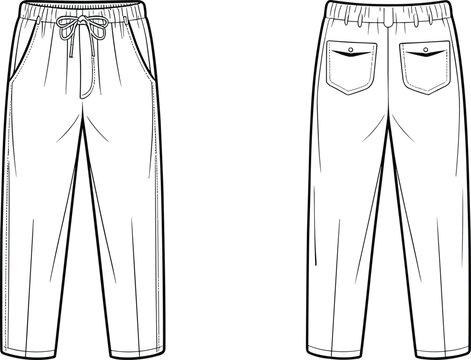 Women wide leg jogger pants CAD drawing, flat vector technical illustration with front and back views isolated on white background