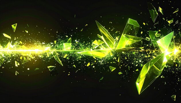 Abstract Green Light Streak with Shattered Glass Effect on Black Background