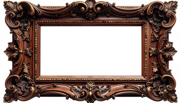Ornate Empty Frame Rich Wood Gilt Edges on White Background Antiqued Look