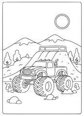  Monster truck driving over a dirt ramp in the mountains for kids to color © Inkartia
