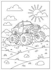 Monster truck line art for kids coloring book featuring large wheels and suspension © Inkartia