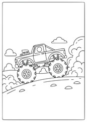 Monster truck coloring page for kids featuring a large vehicle and sun © Inkartia