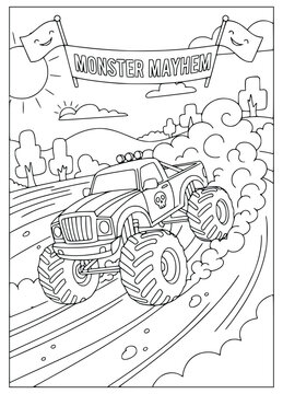  Monster truck coloring page with big wheels driving through a dirt track